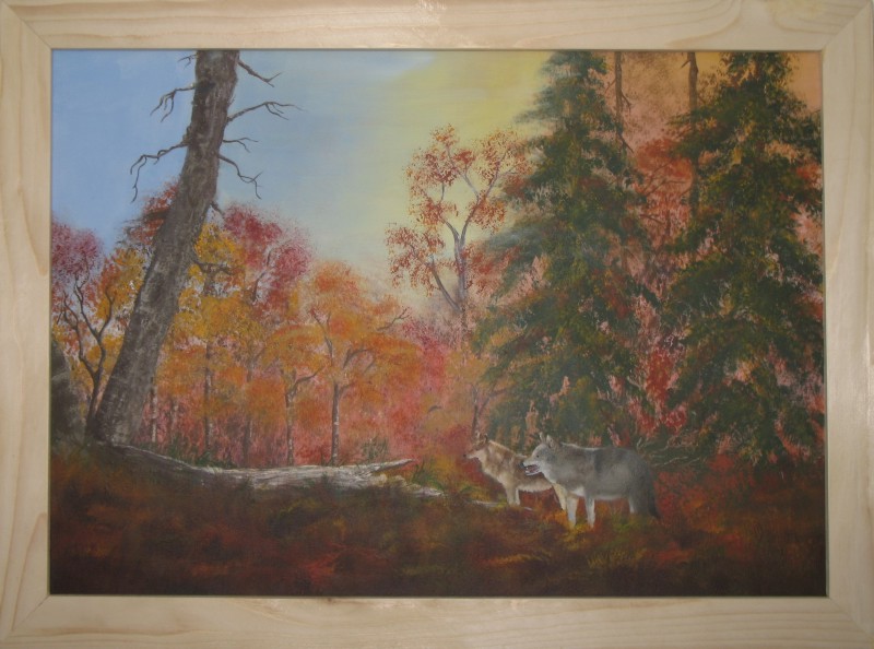 Gemälde Acryl Öl Wald mit Wölfen
